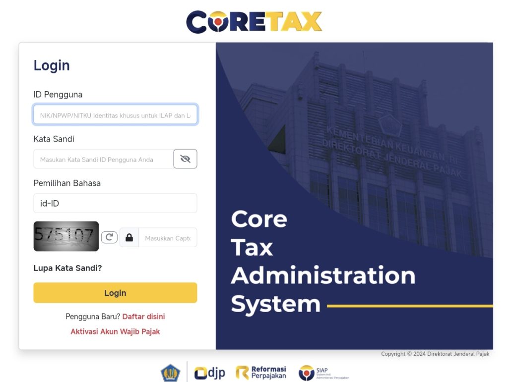 Login CoreTax DJP dan Billing system Deposit