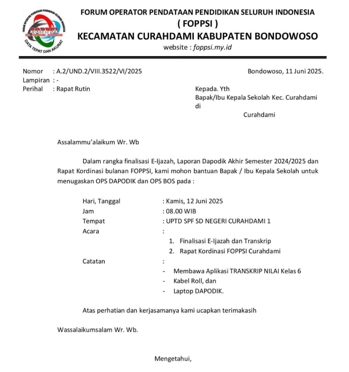 RAKOR FOPPSI CURAHDAMI [12 Juni 2025]